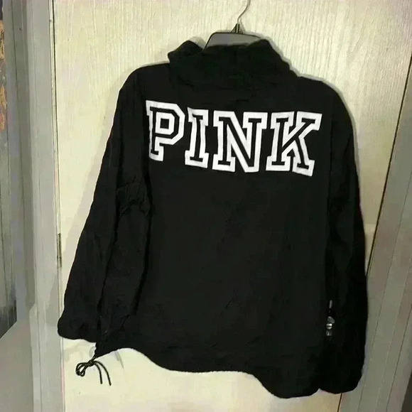 PINK VICTORIA'S SECRET Anorak Jacket Black Fleece Cowl Neck size L - Picture 2 of 8